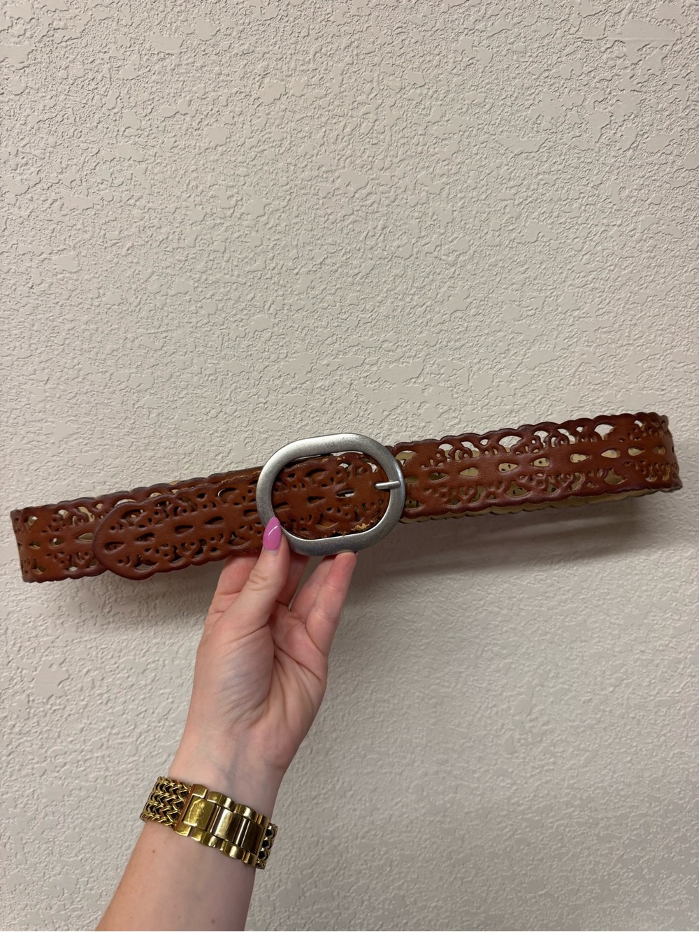 Brown Laser-Cut Leather Belt with Silver Oval Buckle